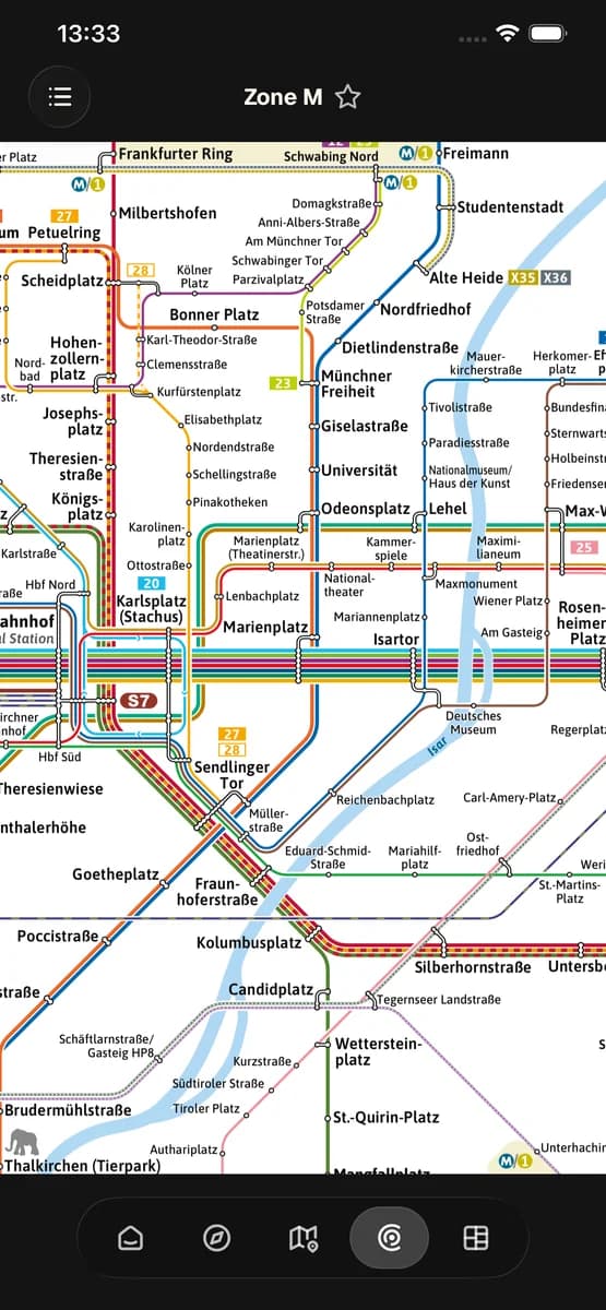 Integrated MVV network-plan viewer showing the Zone M plan
