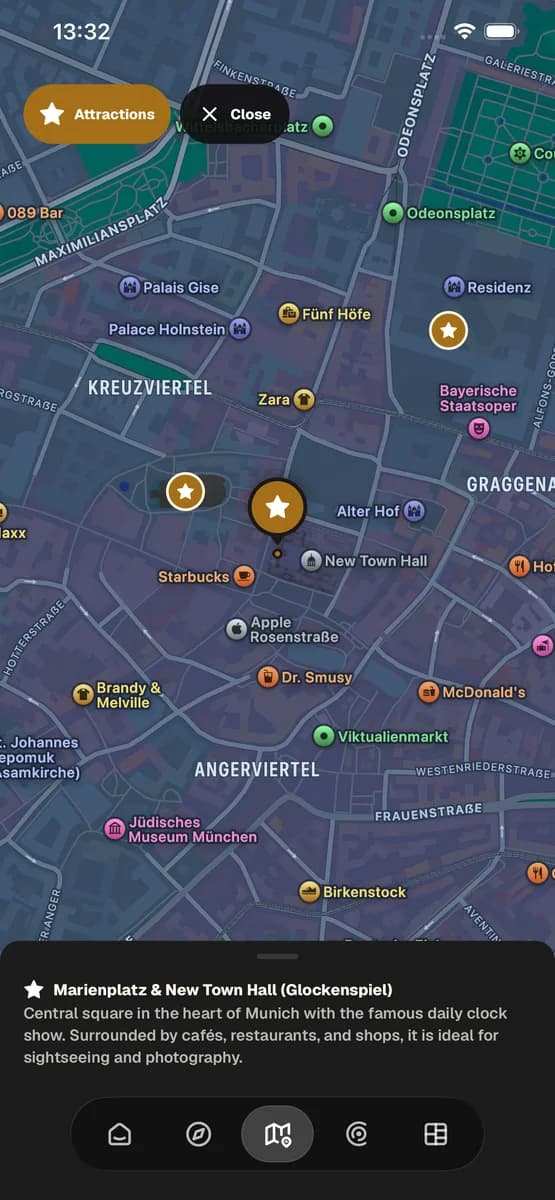 Interactive Munich map with the attractions layer active and a detail card for Marienplatz and the New Town Hall
