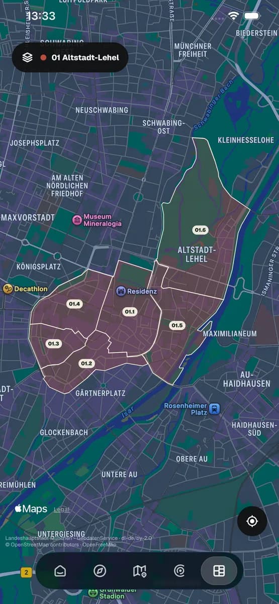 District map highlighting Altstadt-Lehel and its district parts