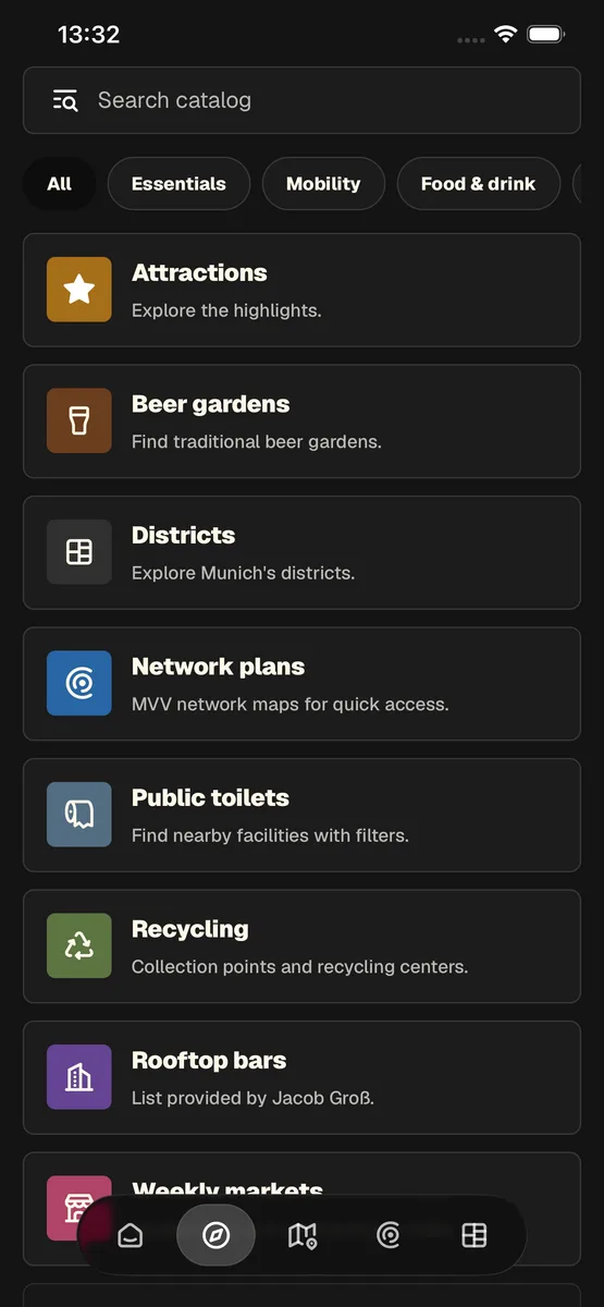 Explore catalog with attractions, beer gardens, districts, network plans, public toilets, recycling, and rooftop bars